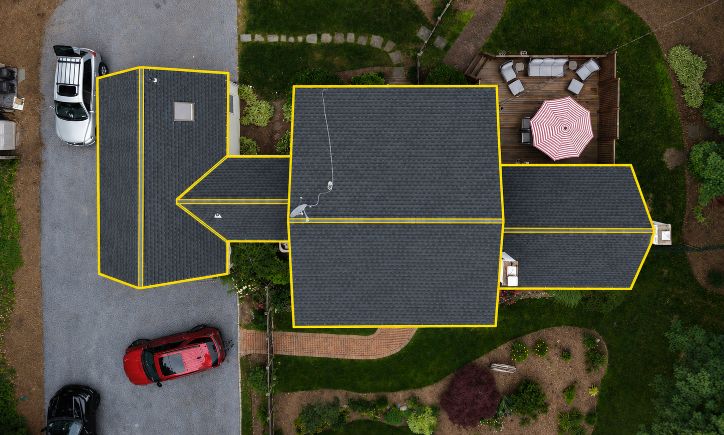 Aerial view of a roof with its sections and edges outlined in yellow