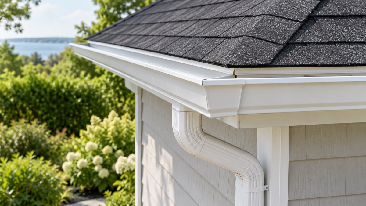 White rain gutter and downspout protecting a home's roof edge and siding
