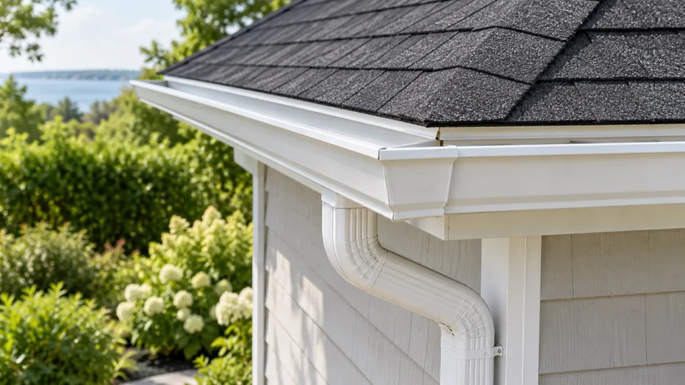 White rain gutter and downspout protecting a home's roof edge and siding